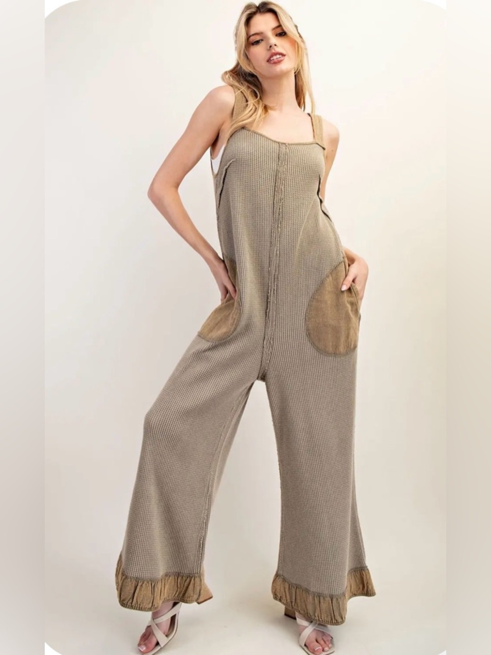 Waffle knit Relaxed Tan Wide-Leg Jumpsuit by eesome